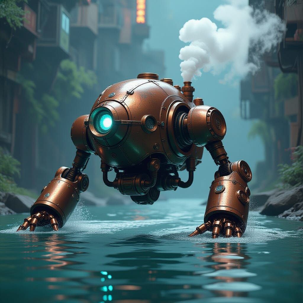 Steampunk Robot Swimming Upriver in Futuristic Style