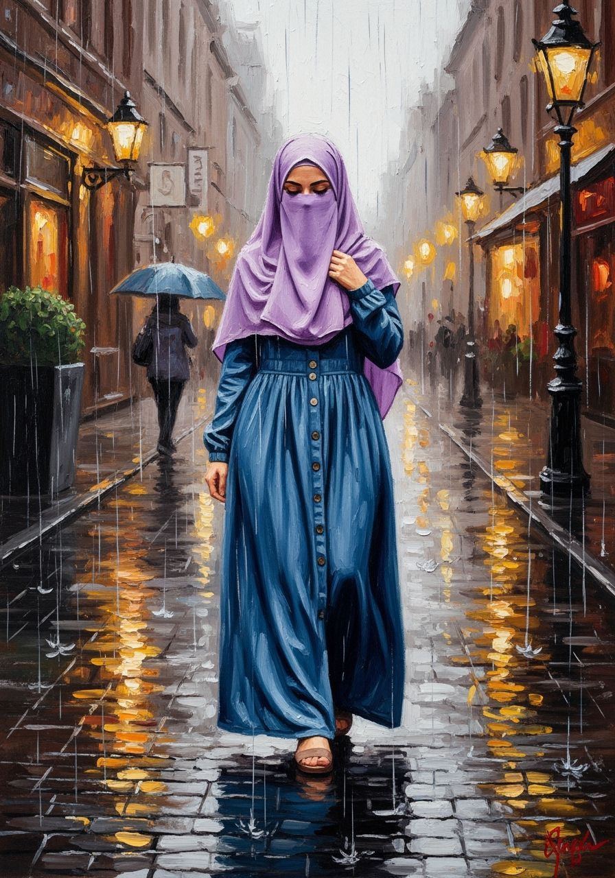 European Woman in Niqab Walking in Rainy City, Oil Painting