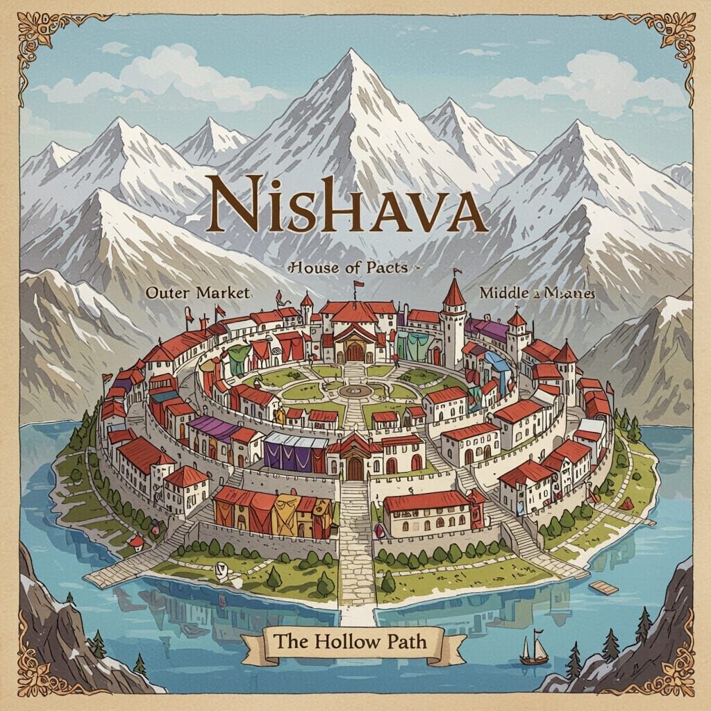 Fantasy Map of Nishava: Highland City on Parchment