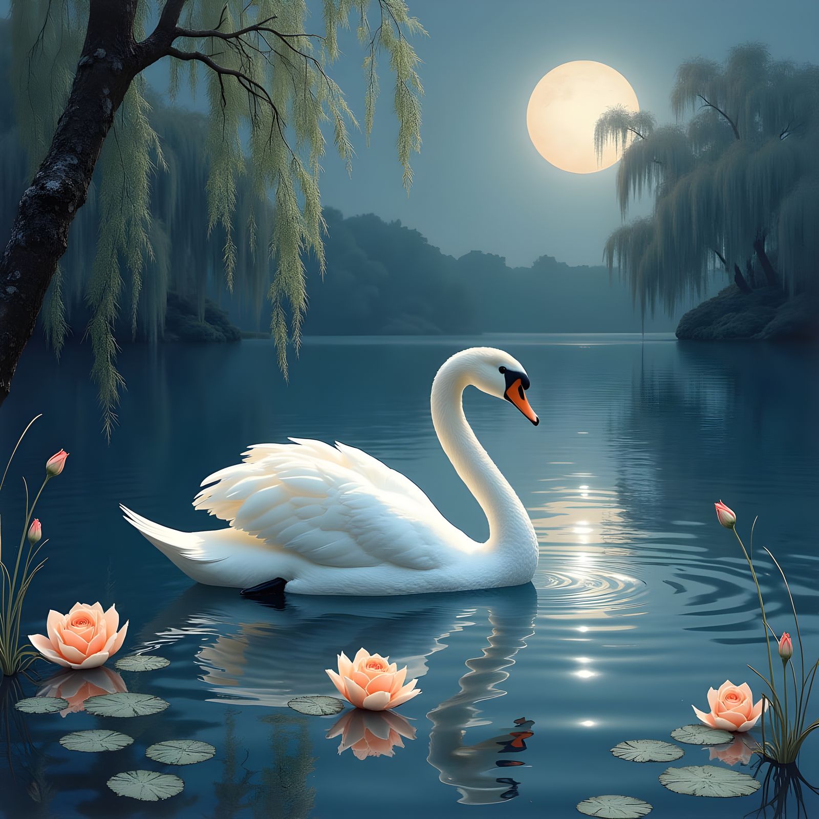 Moonlit Swan on a Serene Lake in Watercolor Style