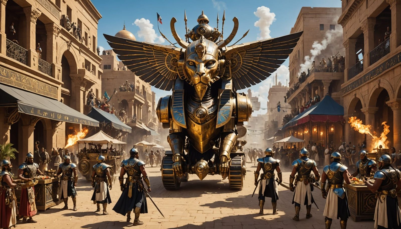 Egyptian Steampunk Courtyard in Vibrant Sunset