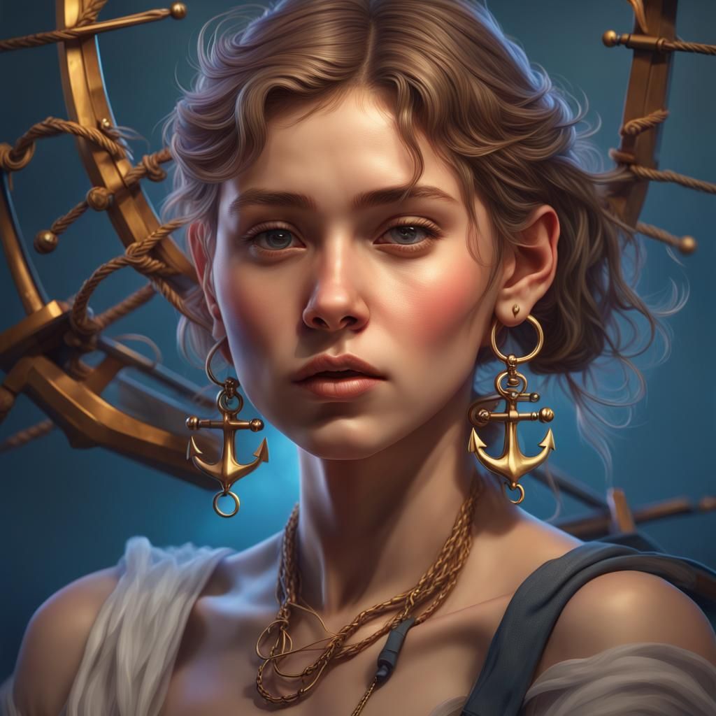 Hyperrealistic Portrait of Girl with Anchor Earrings