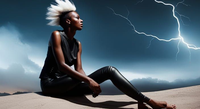 Kenyan Woman with White Mohawk in Lightning Storm