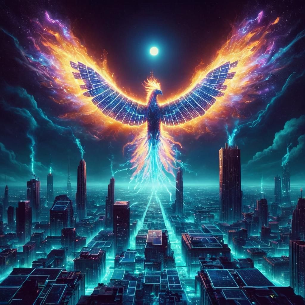 Solar-Powered Phoenix Over the Neon Ruins of post-apocalyptic city