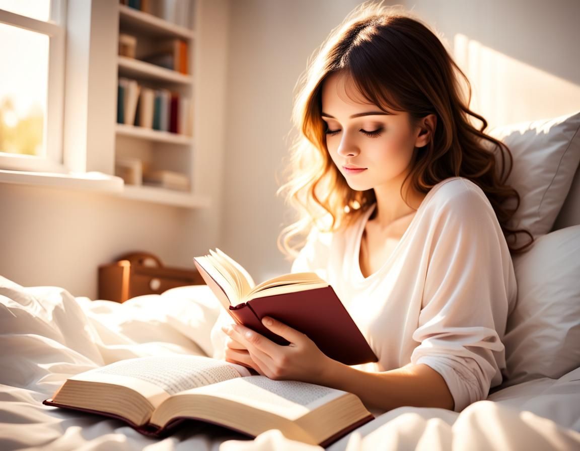 Girl Reading in Bed Bathed in Sunshine