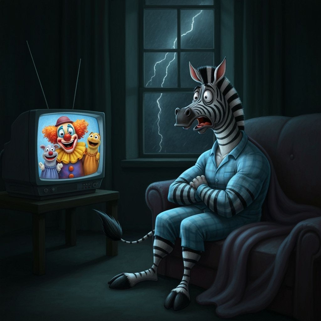 Scared Zebra Hiding from Clown, Don Bluth Style
