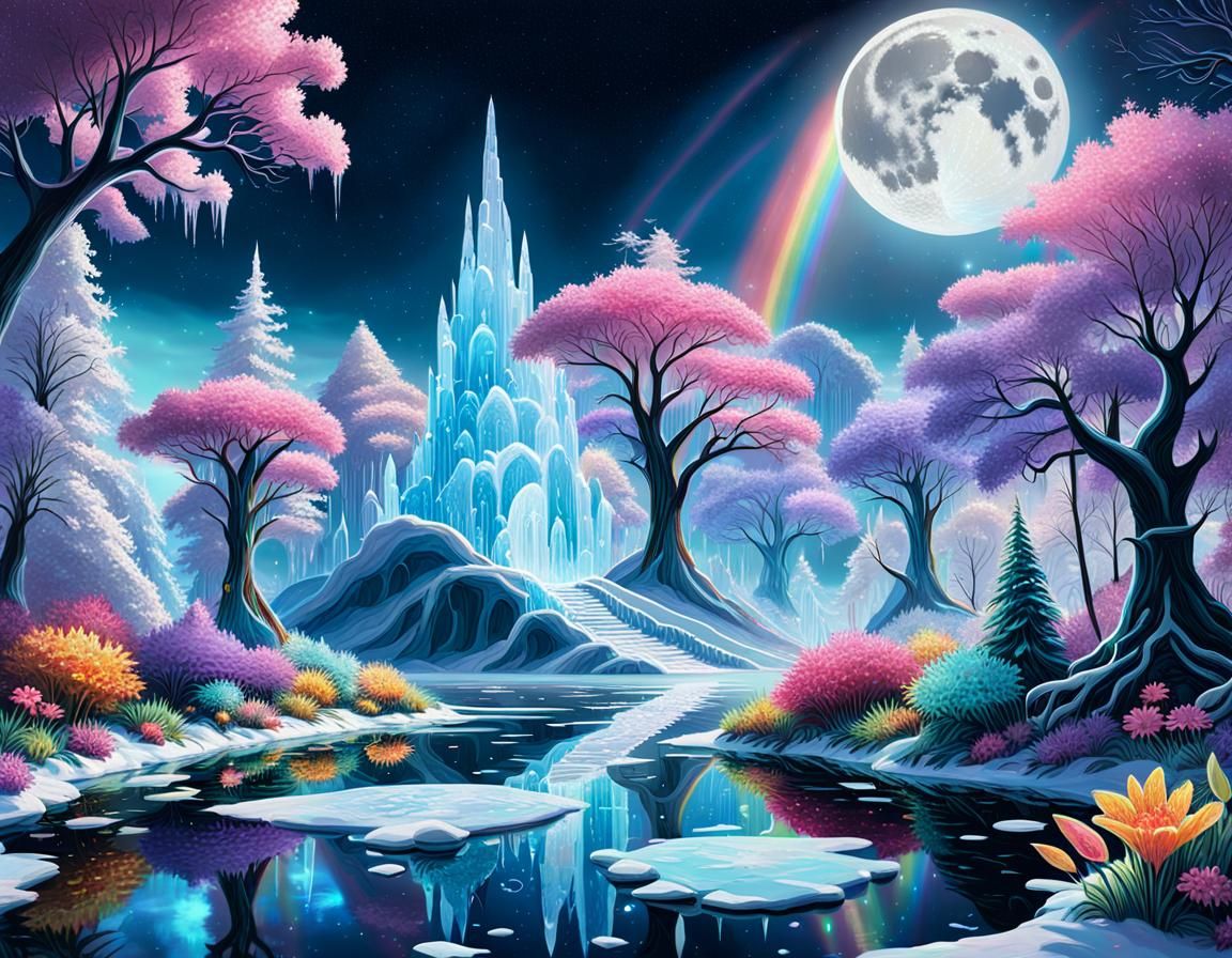 Bioluminescent Ice Garden with Rainbow in Pastel Colors