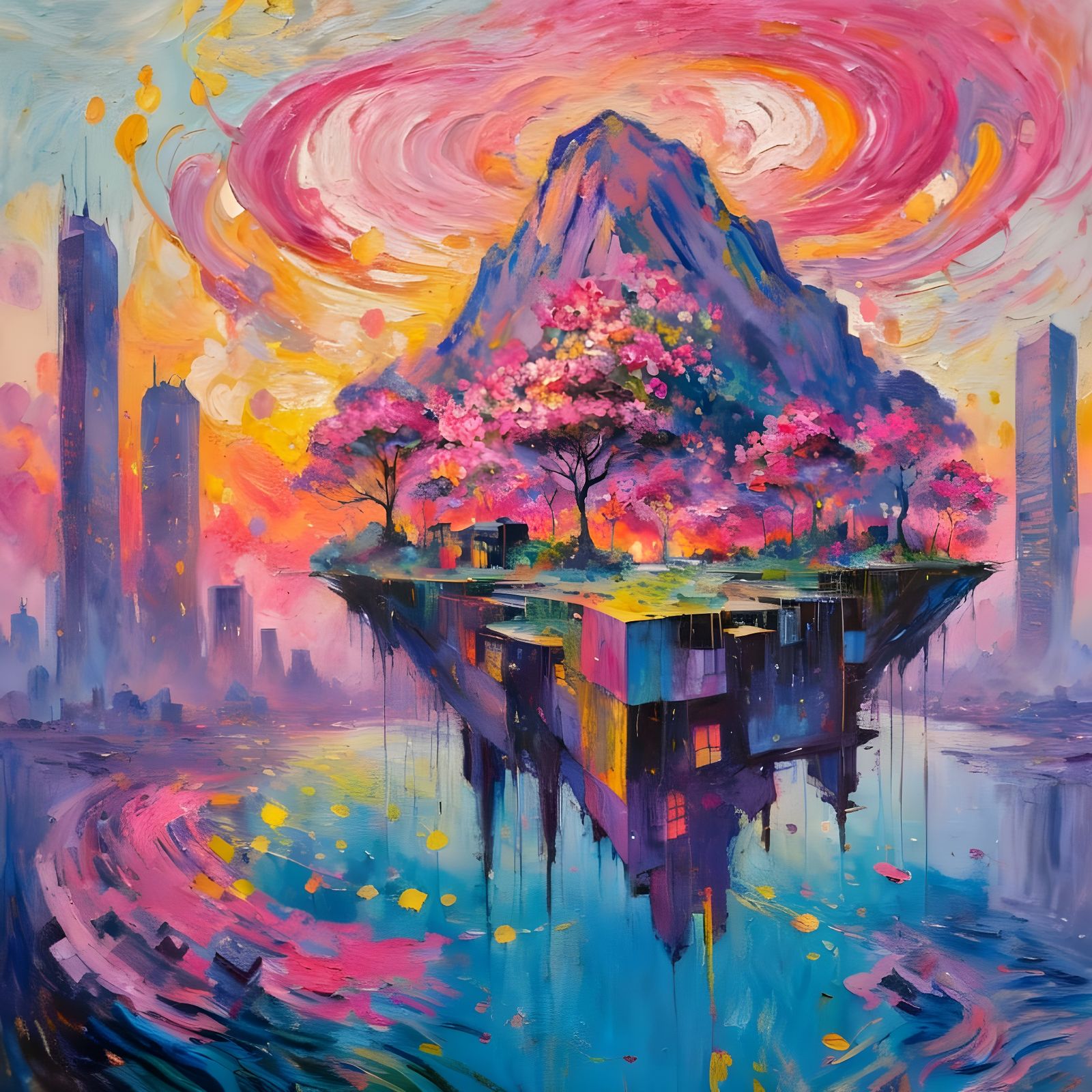 Dreaming Island Mountain with Neon Blossoms