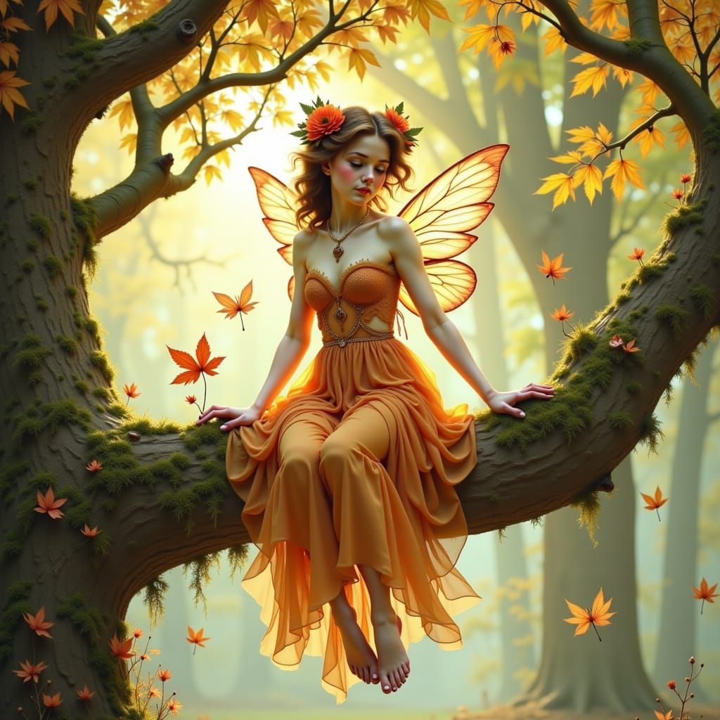 Autumn Fairy Perched on Ancient Branch