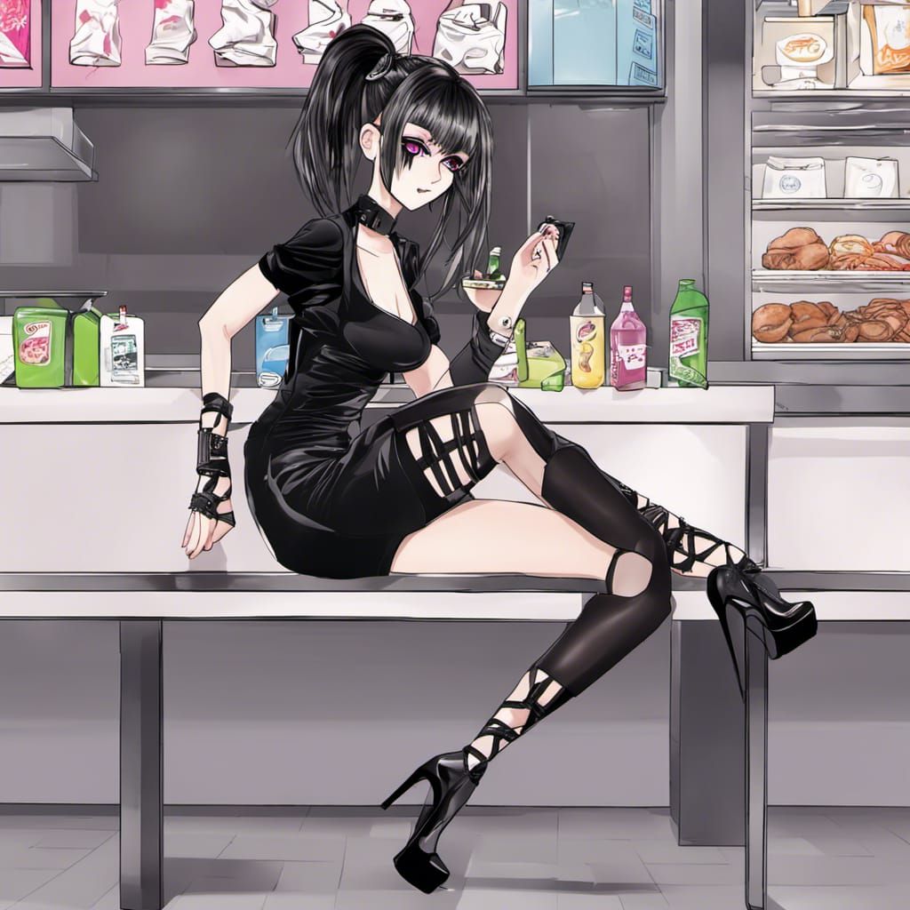 Gorgeous cyber goth, brunette, leaned against a counter at a...