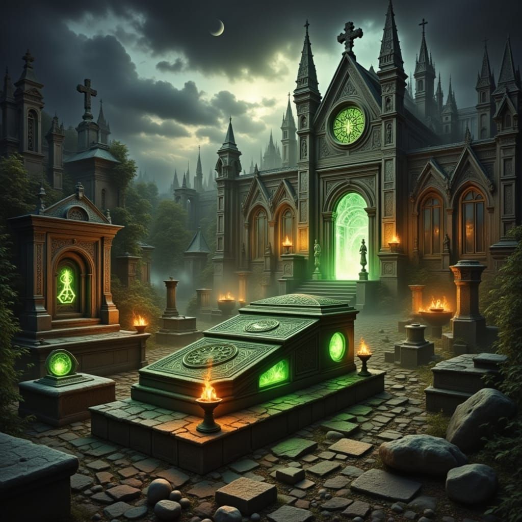 Gothic Graveyard with Eerie Green Luminescence