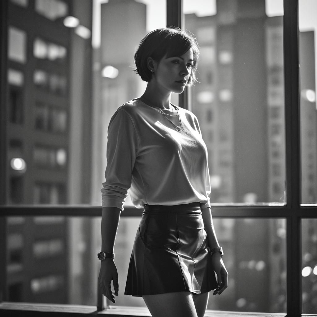 Woman in Leather Skirt, Black and White Portrait
