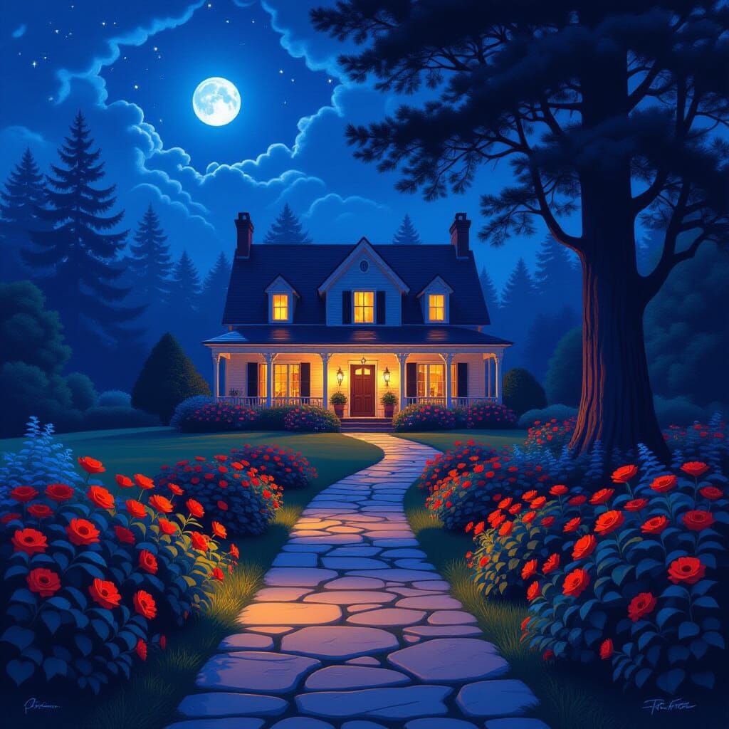 Enchanted Glowing House in Moonlit Garden