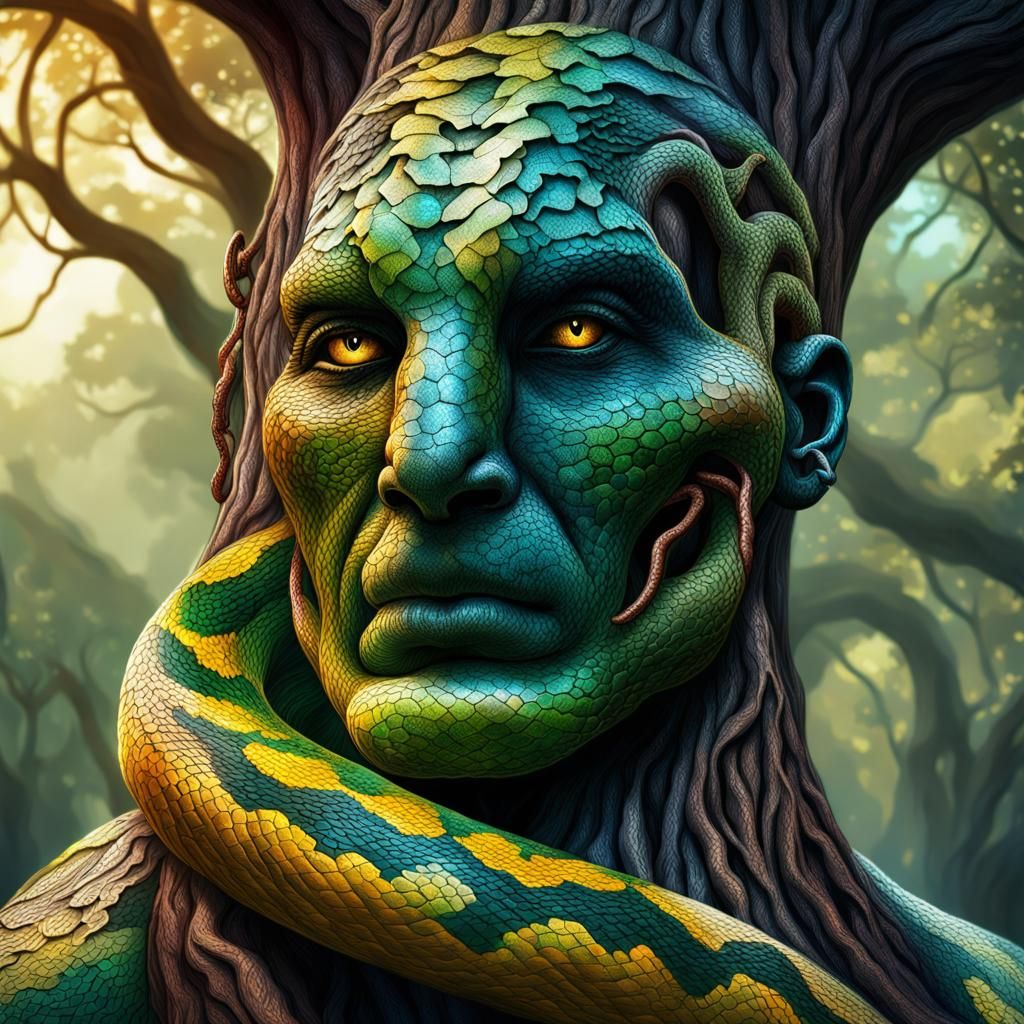 Snakes Form Tree Body: Hyperrealistic Concept Art