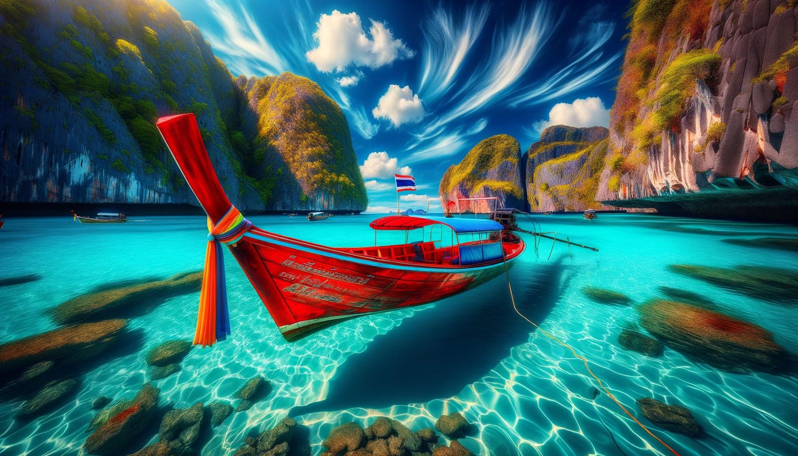 Traditional Thai Long-Tail Boat Anchored in Turquoise Waters