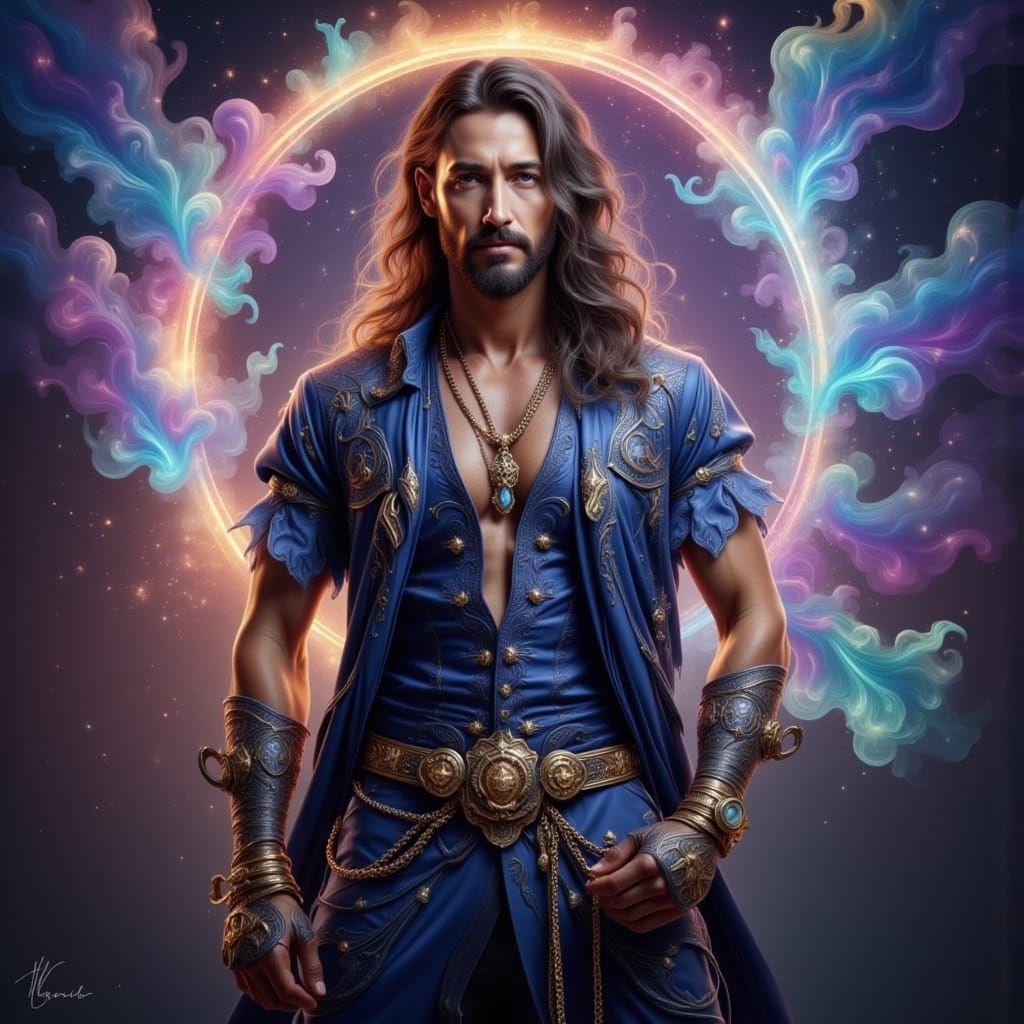 Ethereal Man in Kaleidoscopic Cosmic Landscape