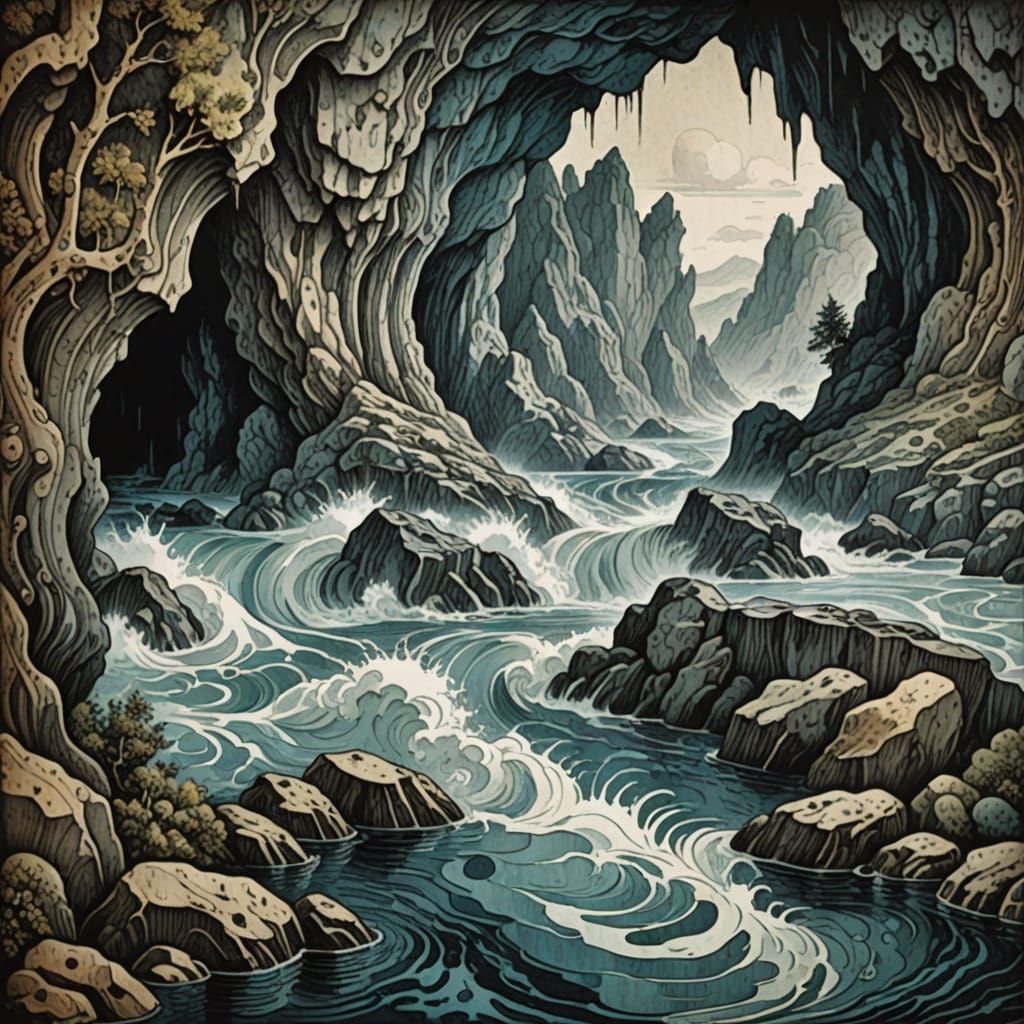Water Elemental in Cave: Baroque Woodcut