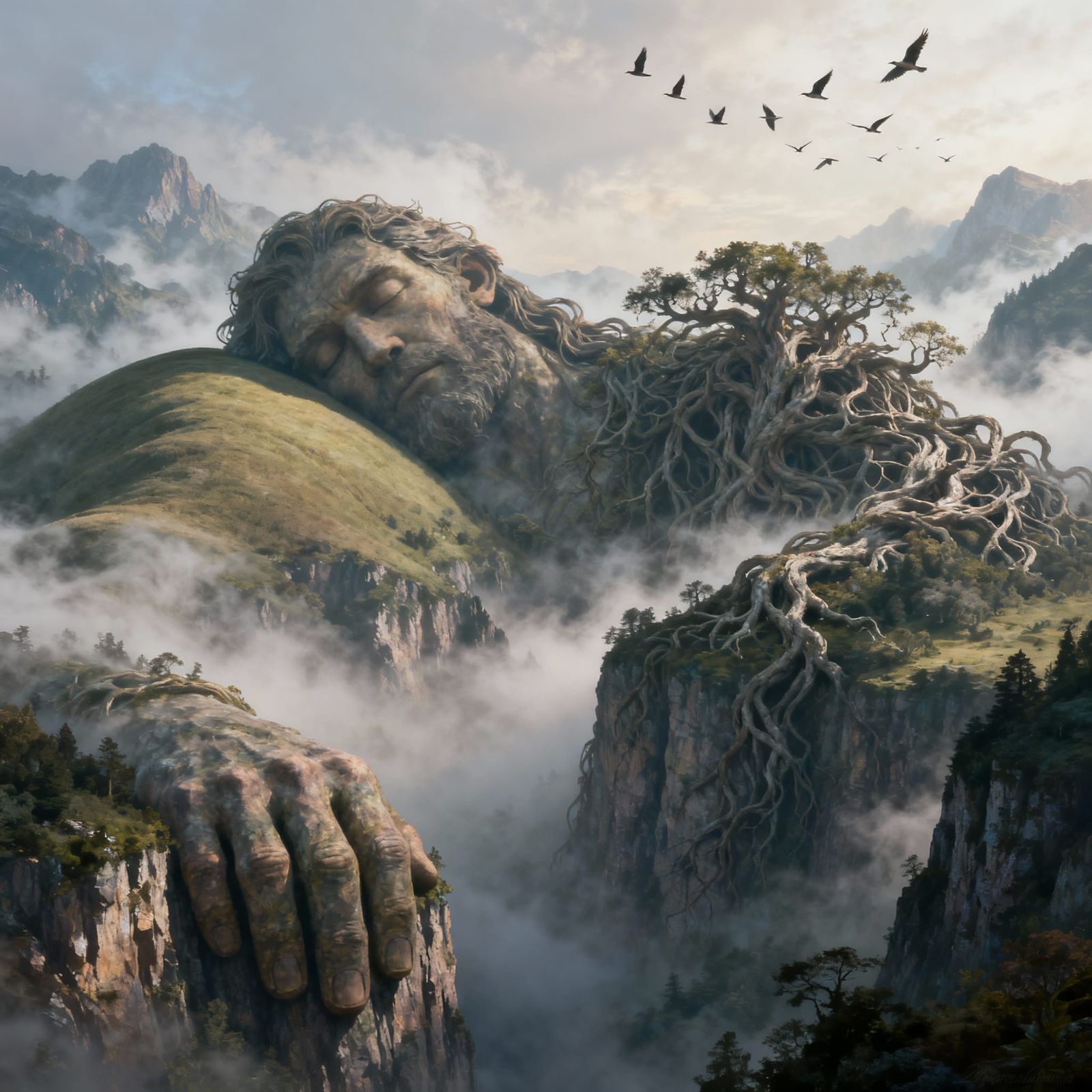 Colossal Sleeping Giant Revealed in Ethereal Mist