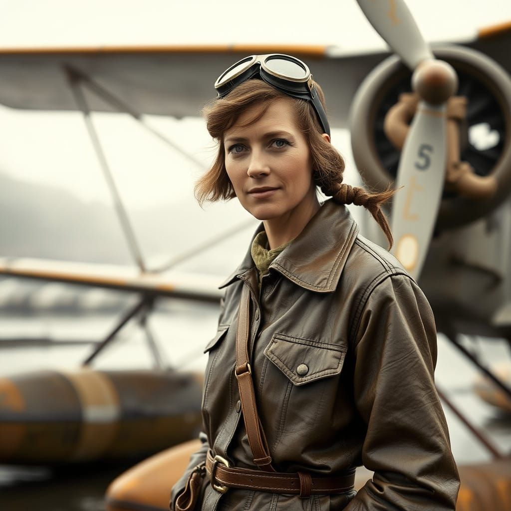 Vintage Aviator Amelia Earhart Stands Proud Beside Her Weath...