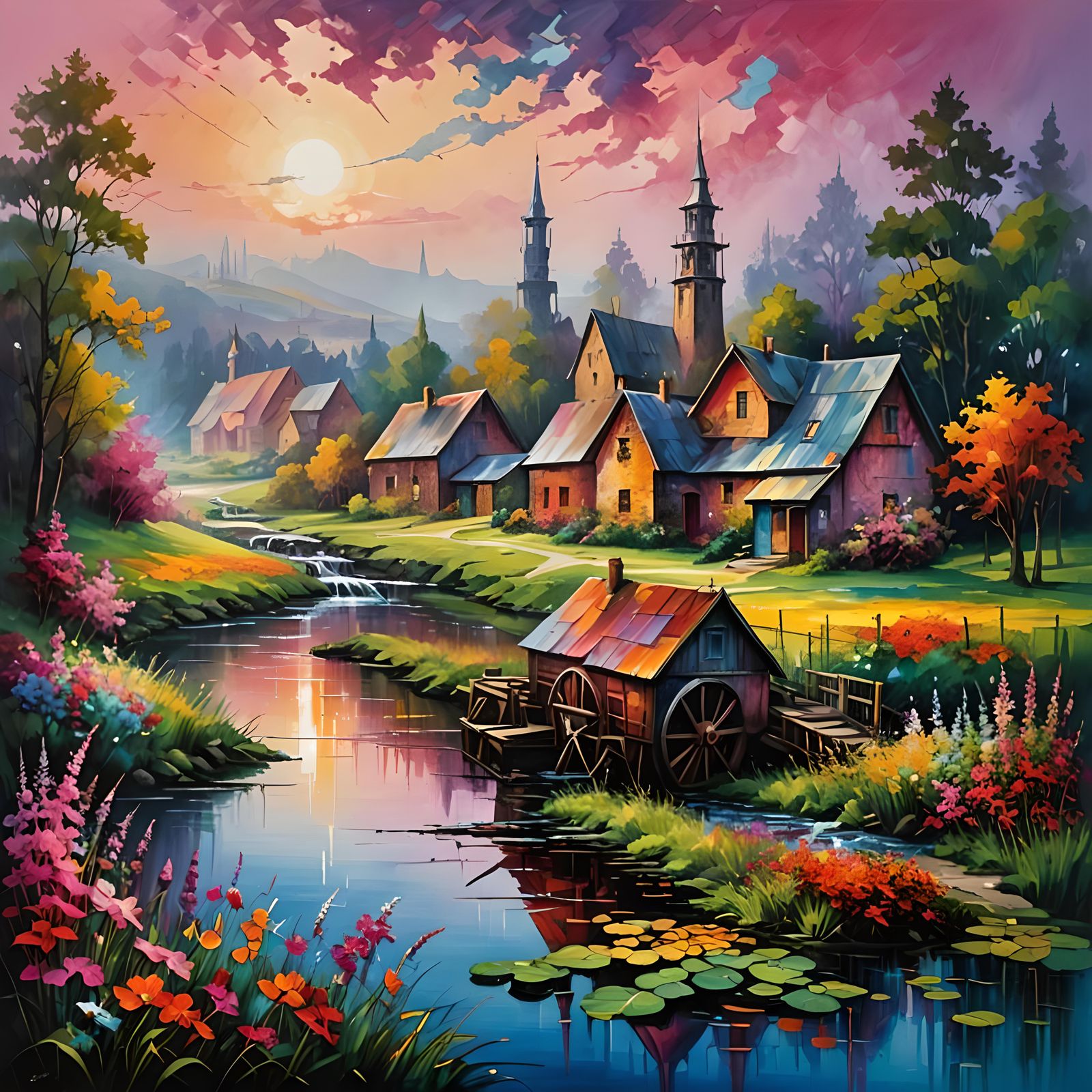 Town village meadow flowers river