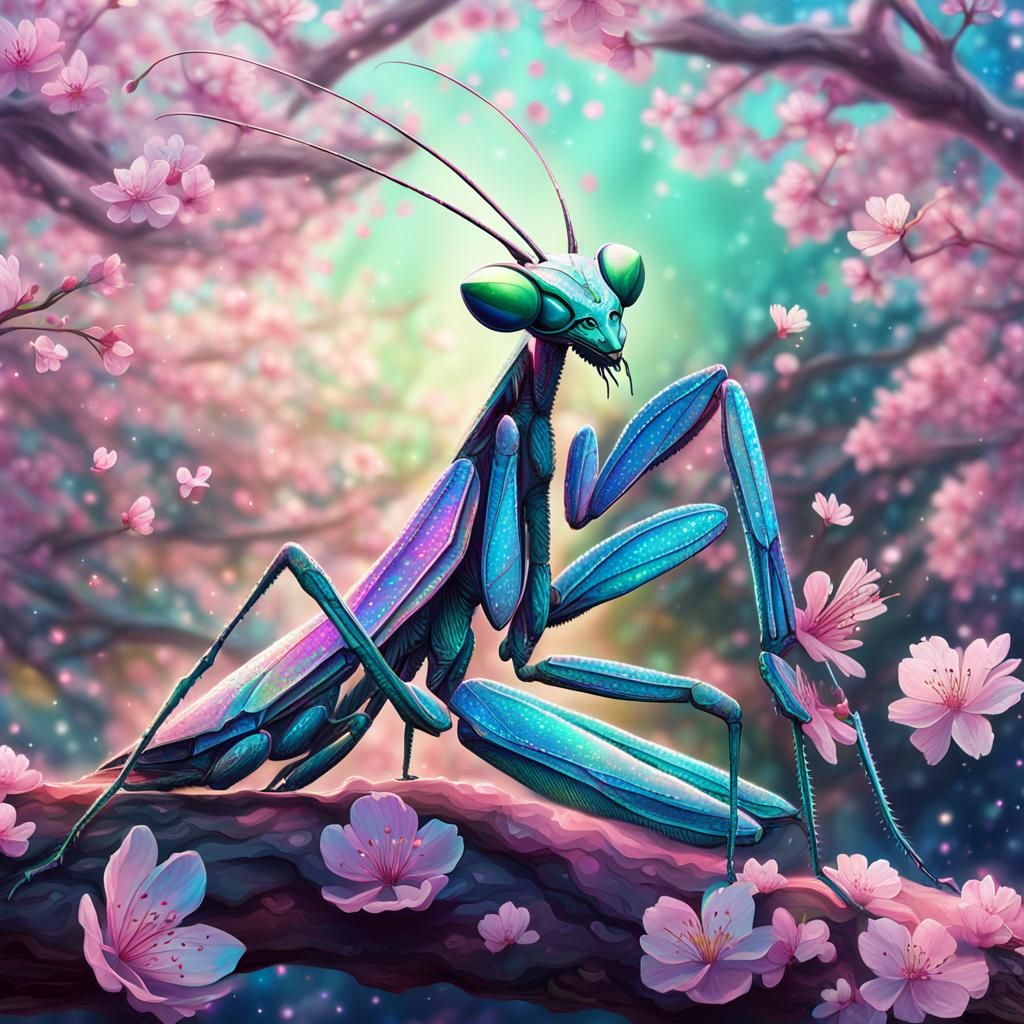Praying Mantis in Cherry Blossoms: Astral Illustration