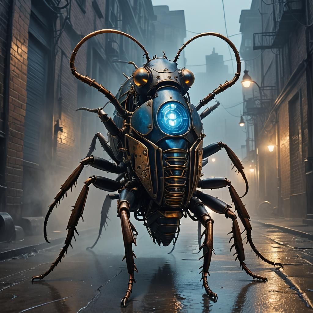 Steampunk Cockroach with Brass Limbs in Foggy Alley