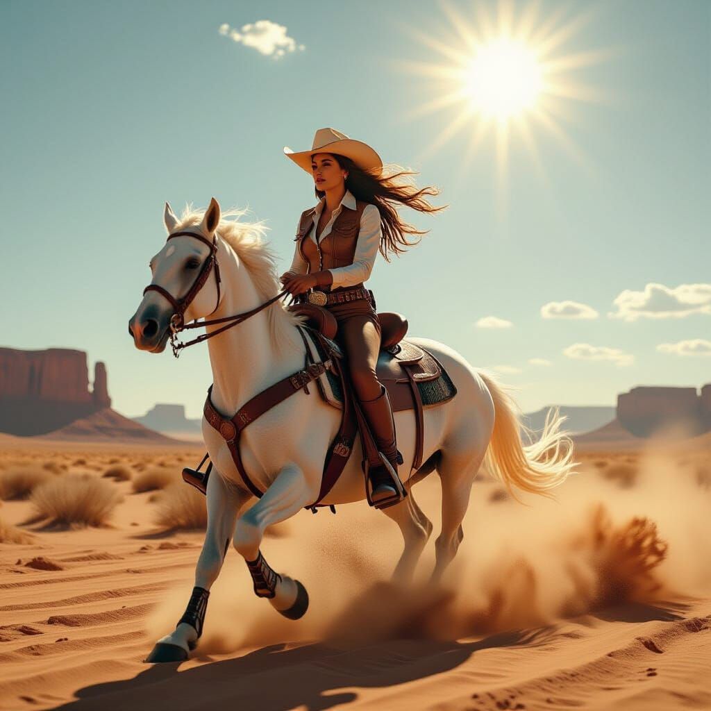 Brunette Cowgirl Rides White Horse Through Desert Landscape