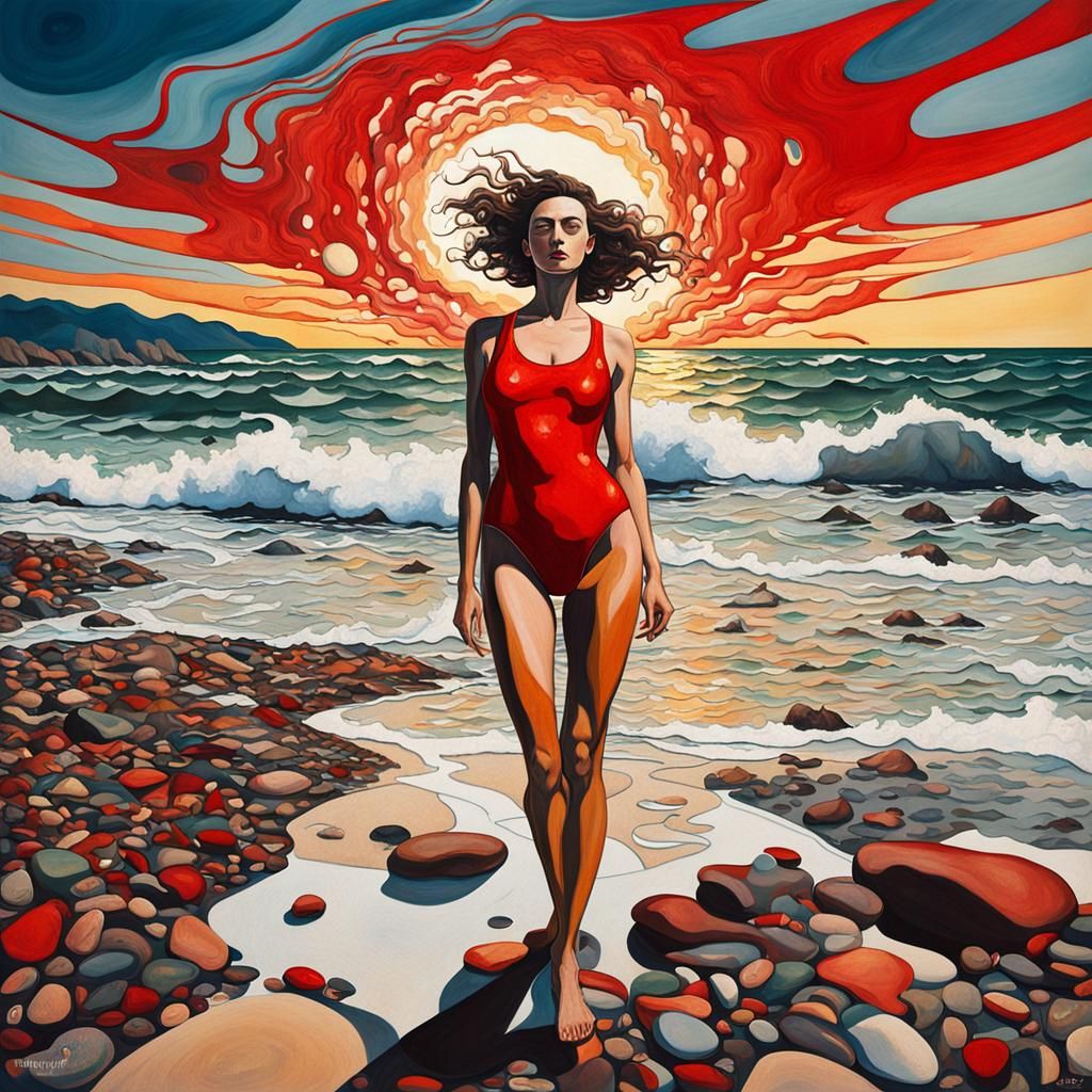 Lonely Woman on Pebble Beach: Surrealist Art