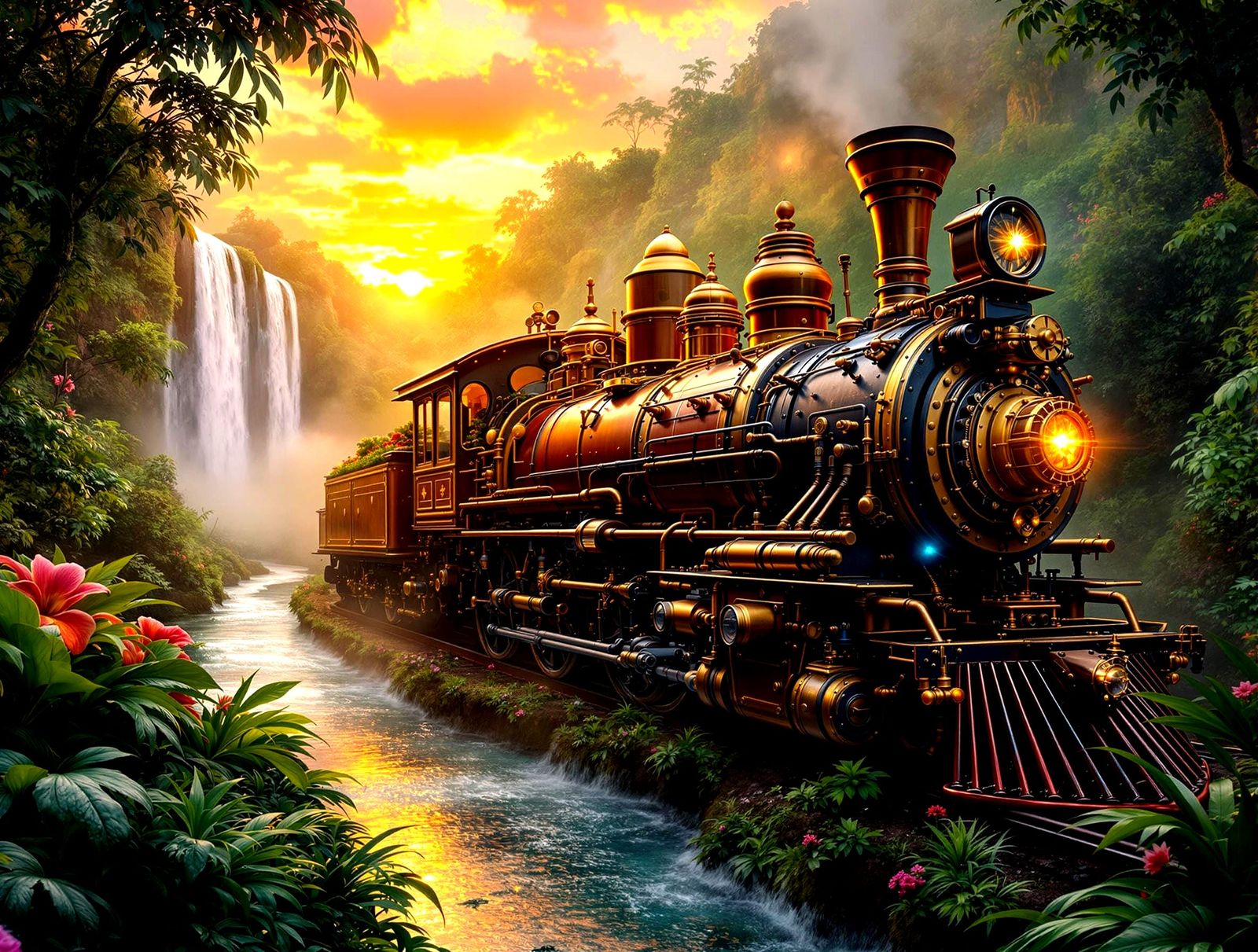 Steam-Powered Jungle Odyssey in Dazzling Sunset