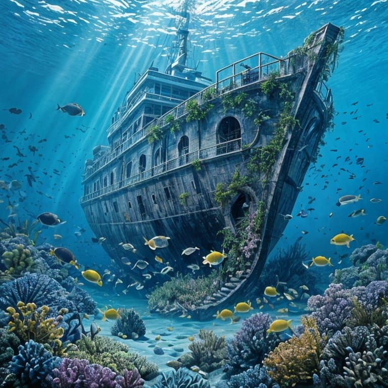 Sunken Ship Teeming with Life in Deep Blue Ocean