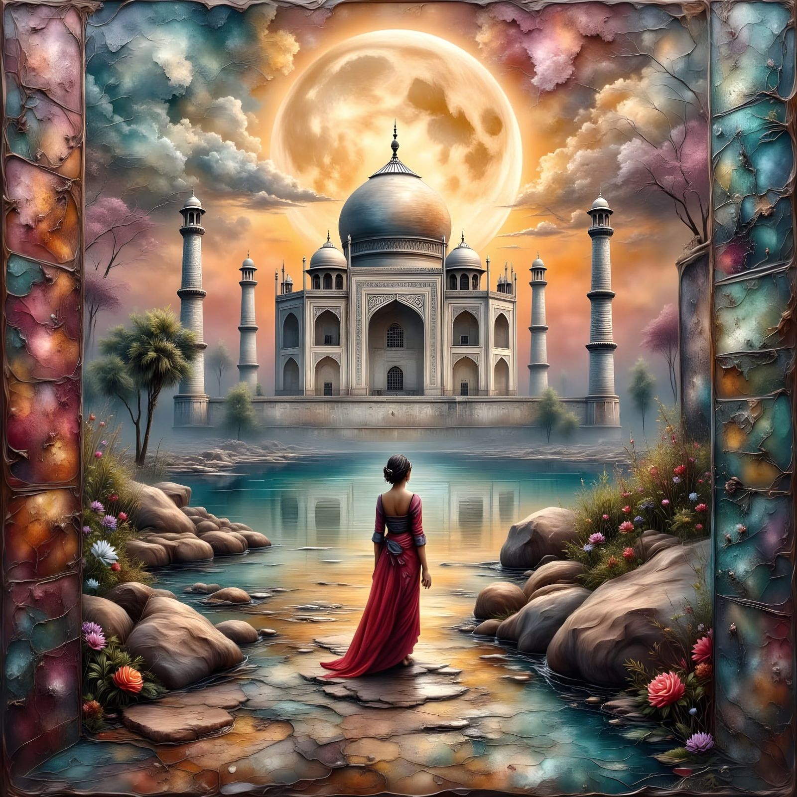 Surreal Indian Woman in Antique Attire at Taj Mahal