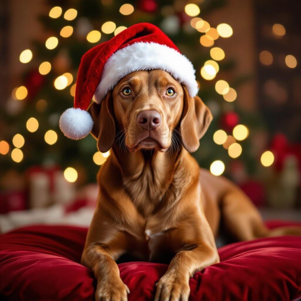 Regal Vizsla in Santa Hat with Christmas Bokeh