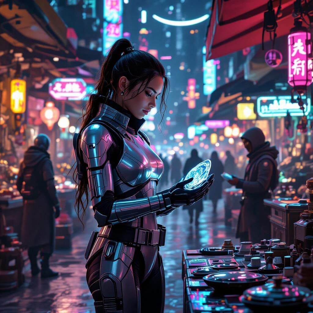 Futuristic Jedi Warrior in a Neon Marketplace