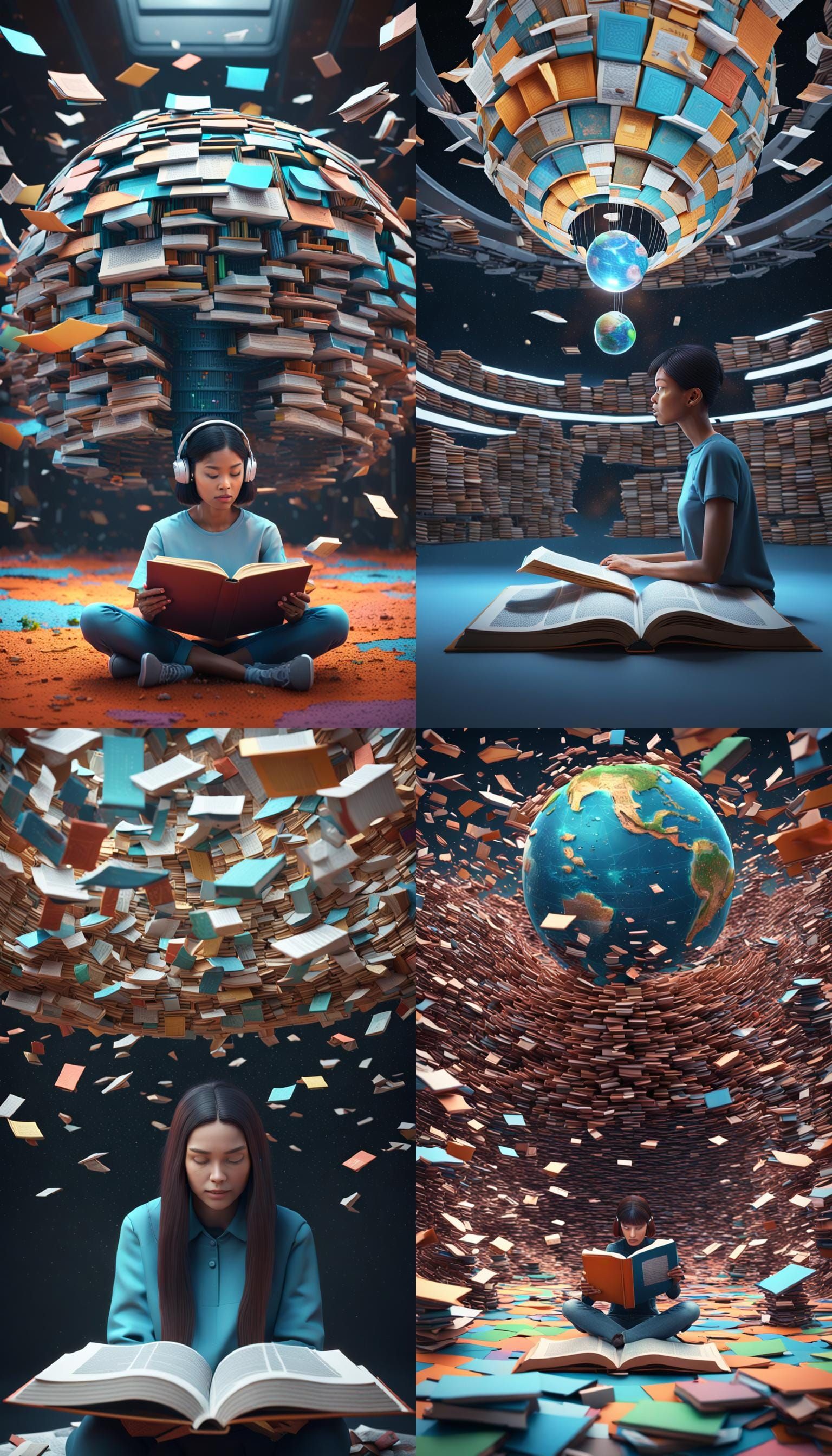 Woman Reading on World with Book Pages in Sci-Fi Style