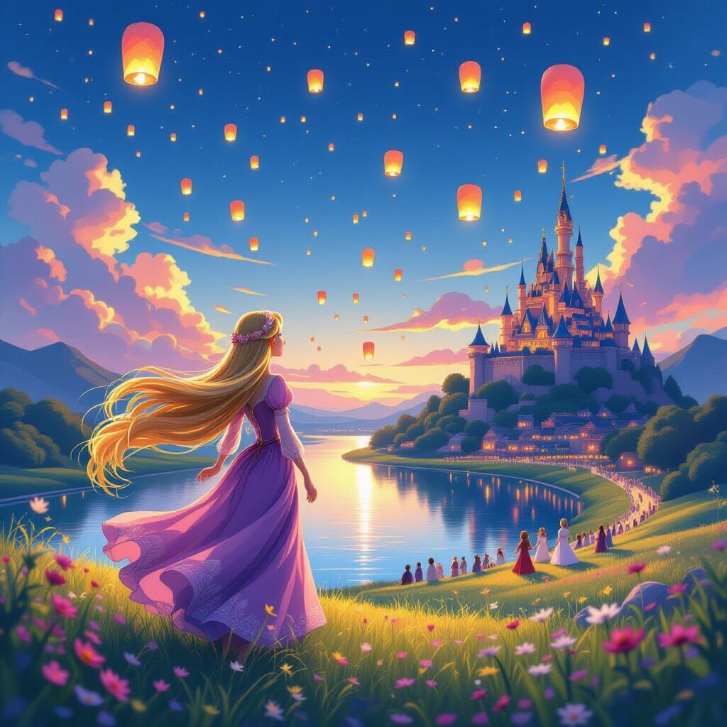 Rapunzel and Sky Lanterns in Anime Style