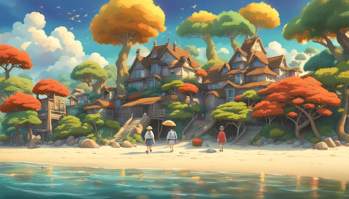 Parents Walking on Beach: 3D Render in Studio Ghibli Style