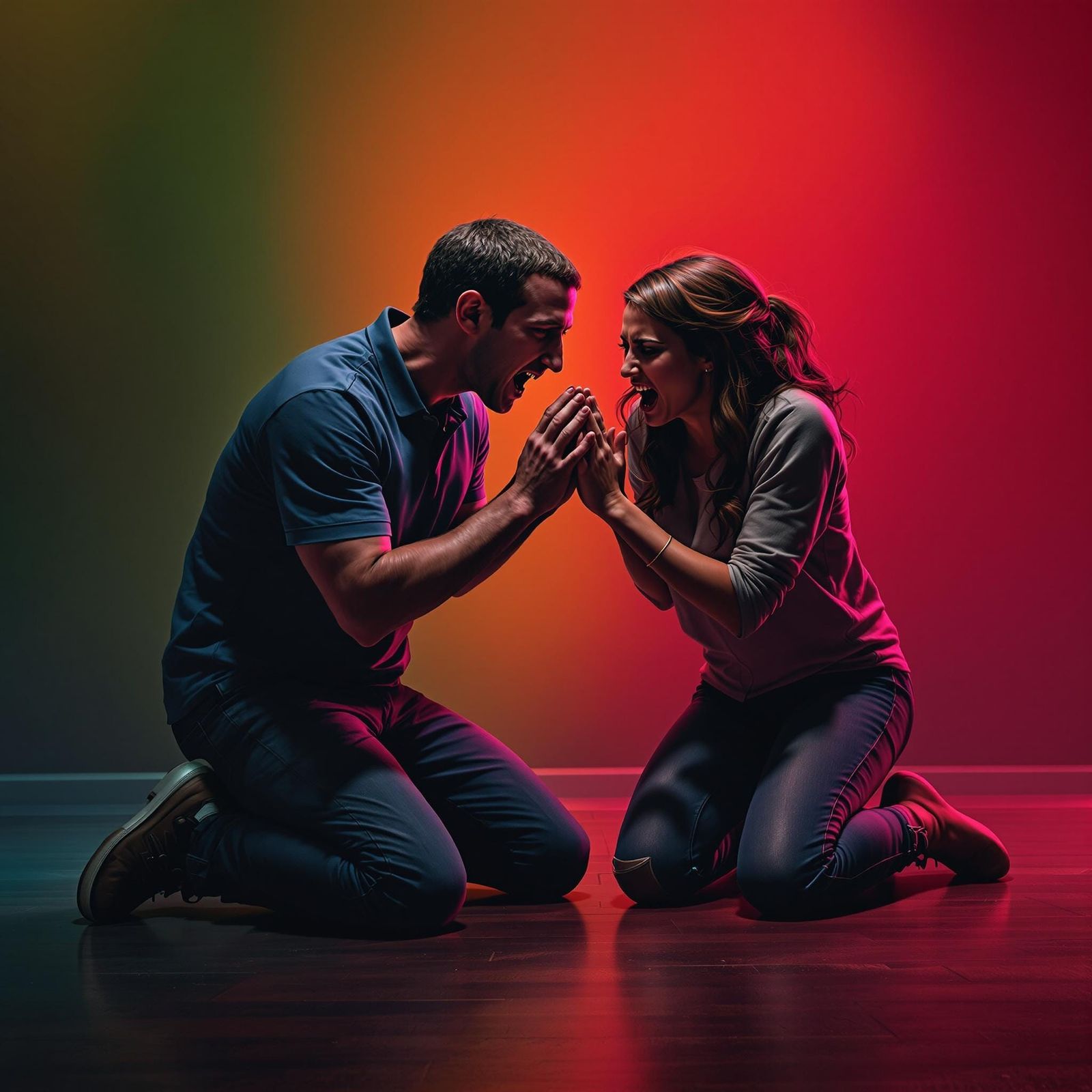 Mark Zuckerberg and his wife kneeling down on the floor begging for mercy.