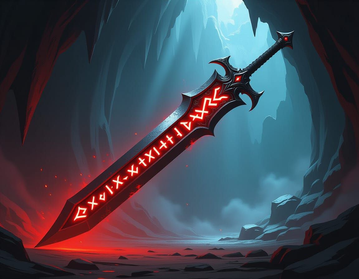 Obsidian Sword with Scarlet Runes in Dark Fantasy Cavern