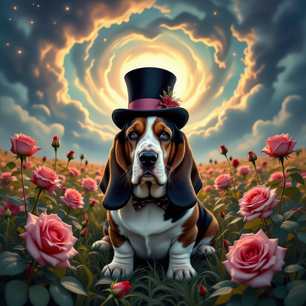 Melancholic Basset Hound in Surreal Cosmic Rose Field