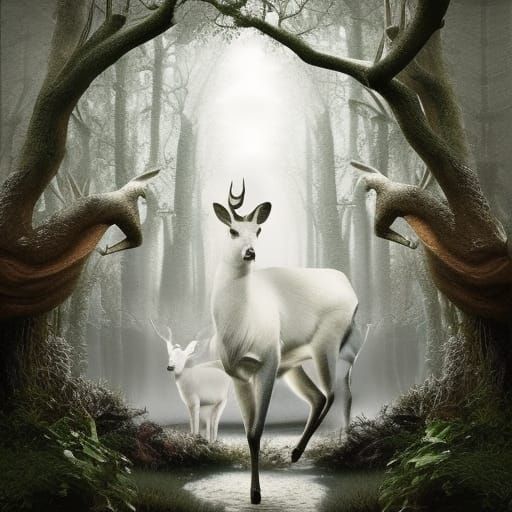 Majestic White Deer in Digital Matte Painting
