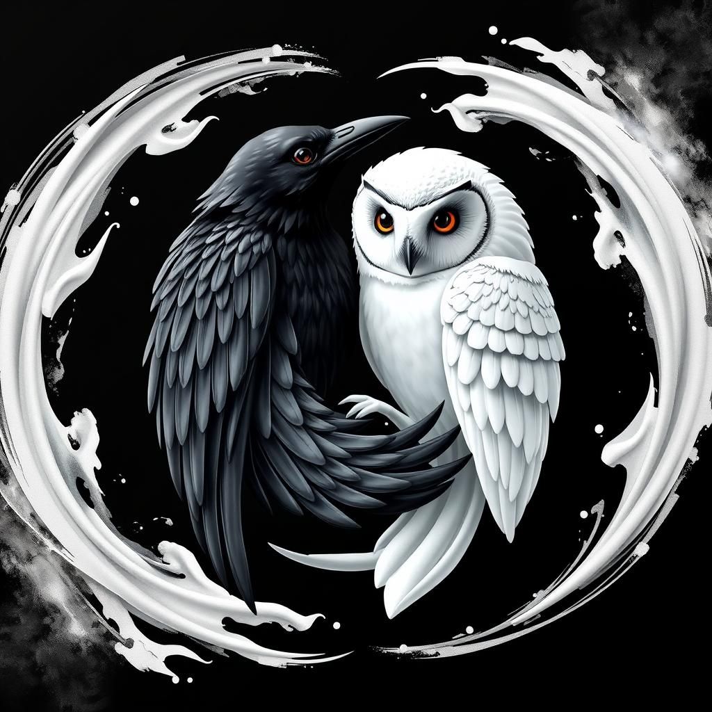 The black crow and white owl are entwined in an infinity spiral symbol. creating a yin-yang design. White-Black paint is...