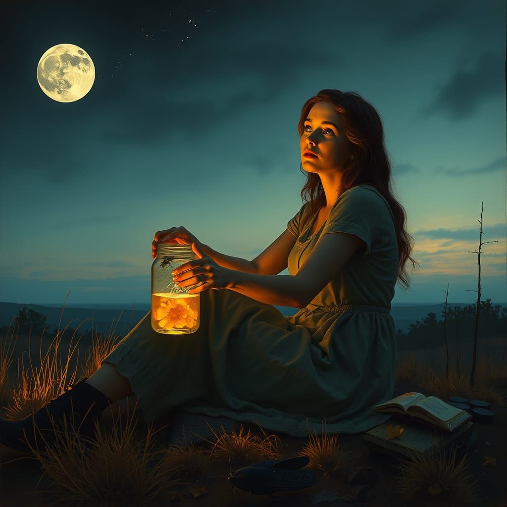 Woman with Moonshine Under Tranquil Night Sky