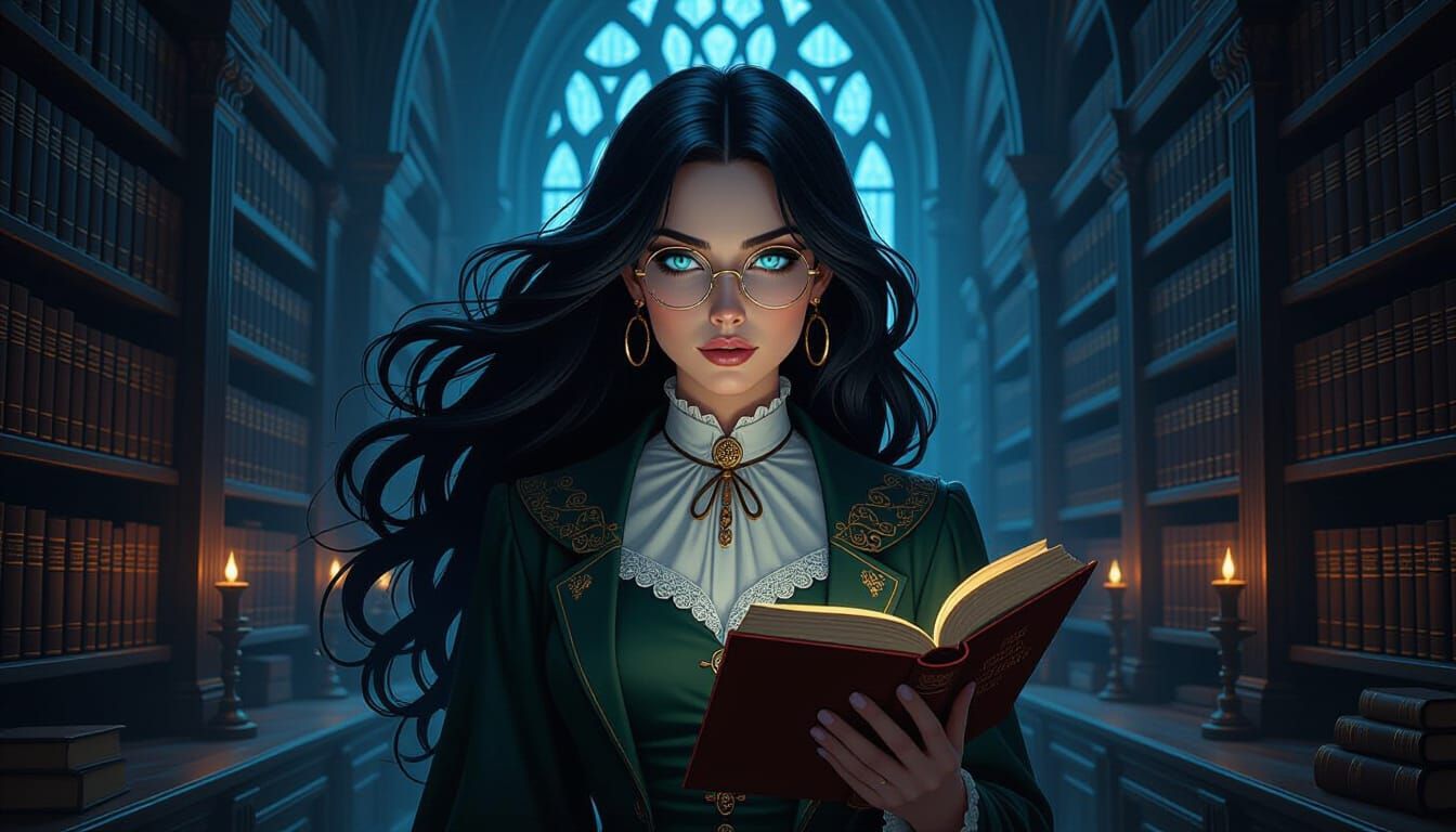 Gothic Celtic Librarian in Dark Fantasy Library