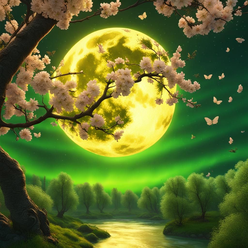 Moon Surrounded by Sakura and Aurora