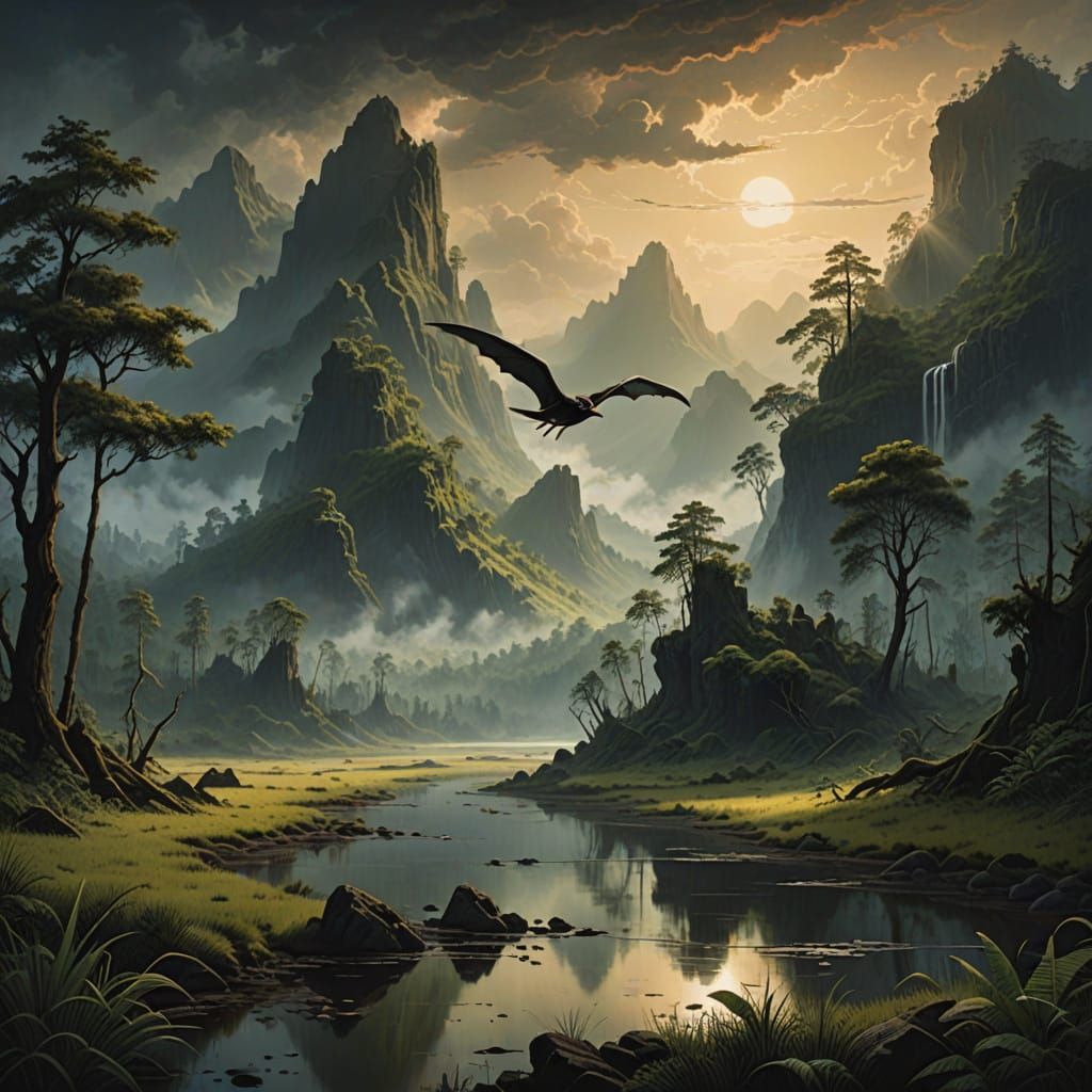 Pterodactyl Soaring Over Prehistoric Swamp, Romantic Landsca...