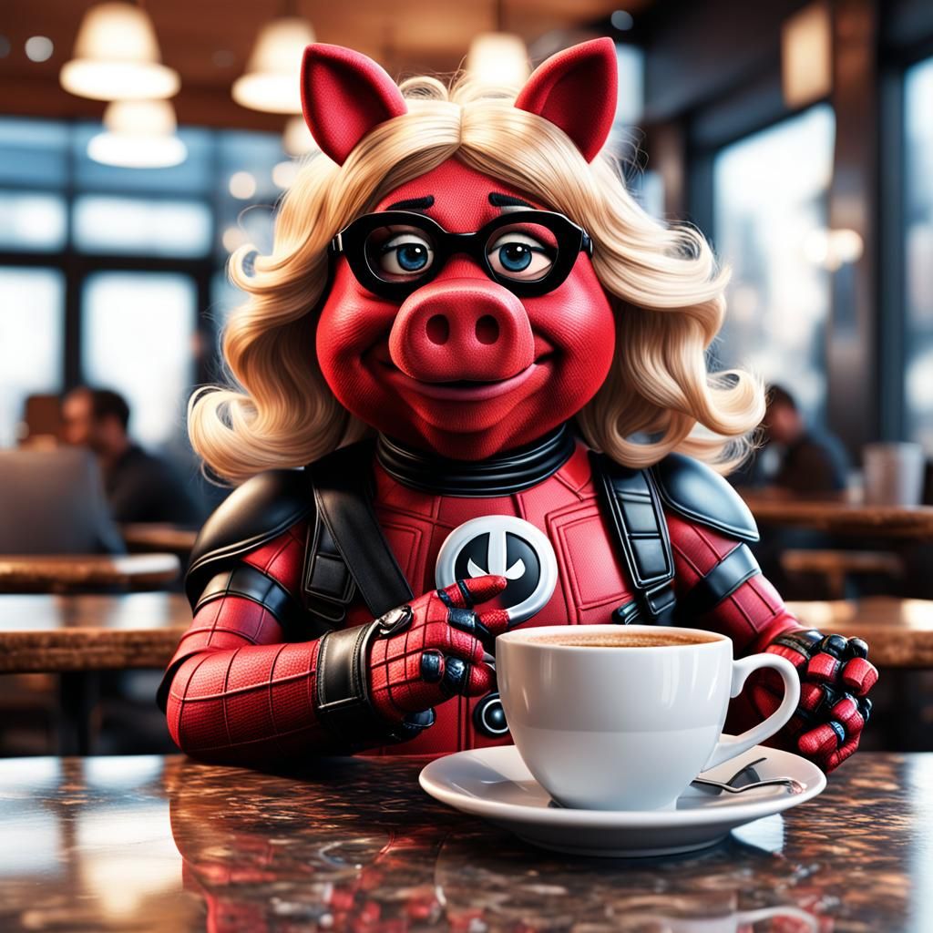 Miss Piggy as Deadpool in Coffee Shop, Hyperrealistic
