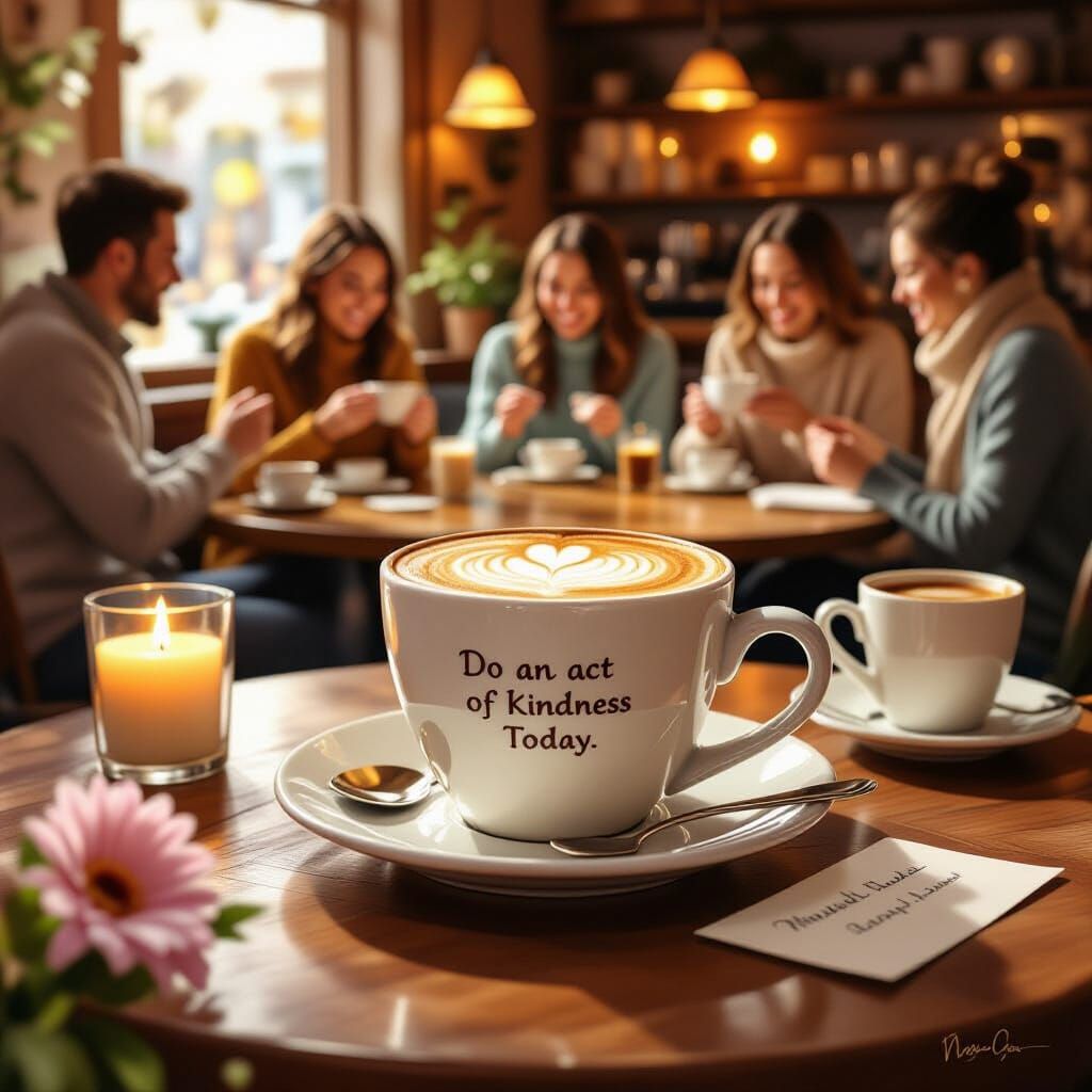 Warm Cafe Scene With Kindness Message And Heart Coffee