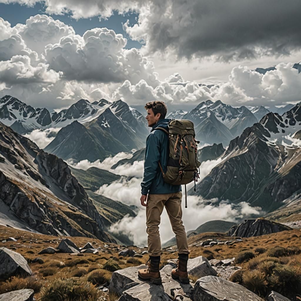 Young Hiker Among Clouds and Mountains