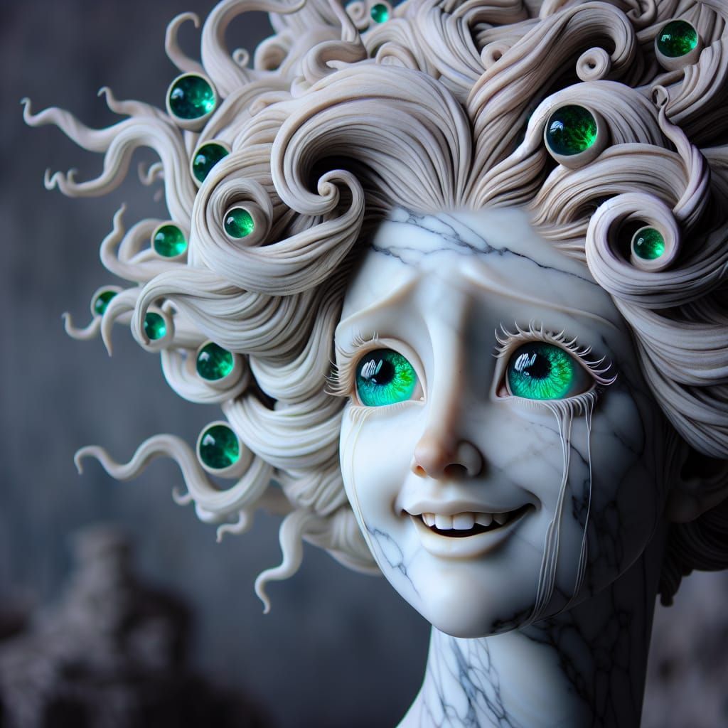 Enchanting Woman in Marble with Emerald Eyes and Vines