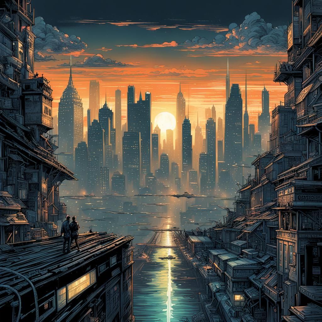 Cyberpunk Cityscape in Comic Book Art Style